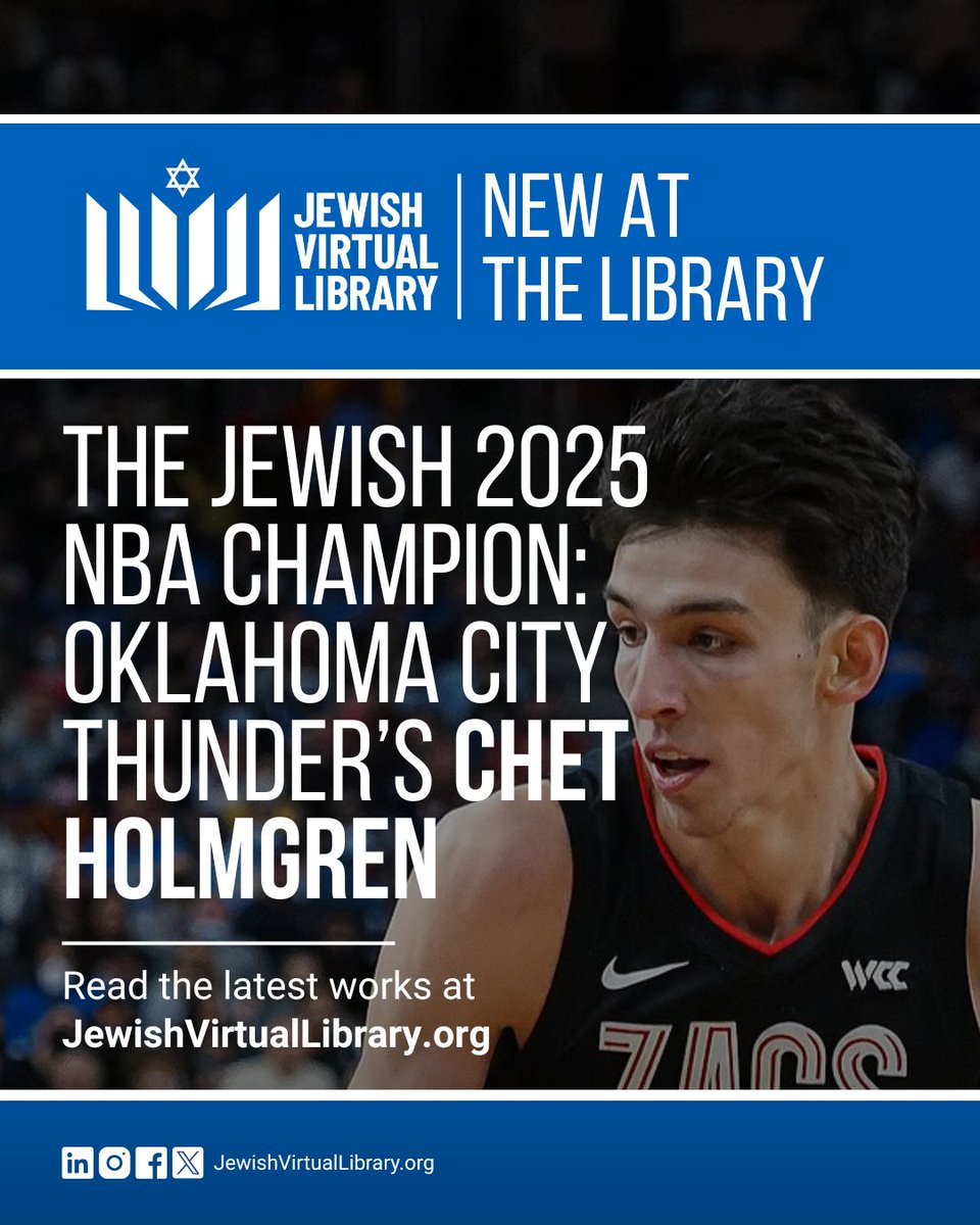 JewishVLibrary's tweet photo. Meet the Jewish 2025 NBA Champion: The Oklahoma City Thunder’s Chet Holmgren. Making his debut in the 2023 - 24 season, he set the team’s rookie records for blocked shots and made waves as a leading young frontcourt player. Read about Holmgren at https://t.co/7ClWjRSUMF. https://t.co/xtoV0gNNko