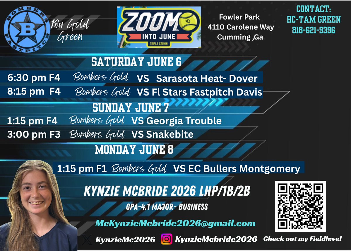 KynzieMc2026's tweet photo. Come out and watch us play at ZOOM into JUNE at Fowler park Cumming Ga. Can’t wait to hit the dirt ! https://t.co/605aCQMUih