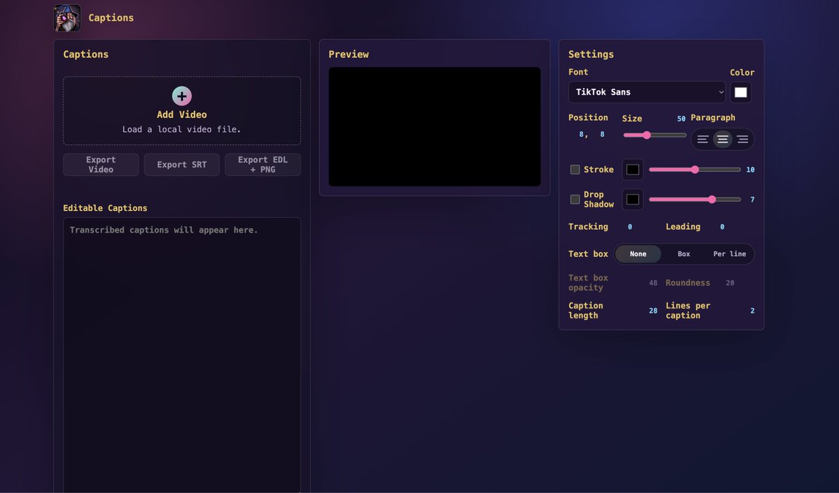 videowizard_io's tweet photo. I'm working on an "it just works" caption maker.

It handles:

-transcriptions (whisper) 
-logic that turns that raw data into smart, readable captions right off the bat automatically
-easily editable text
-easily editable font / display settings
-and then rendering the video back out

And best part (maybe)??

NOT just adobe premiere. 

its a web based tool! 

so anyone can use it.

let me know if you wanna help beta test.