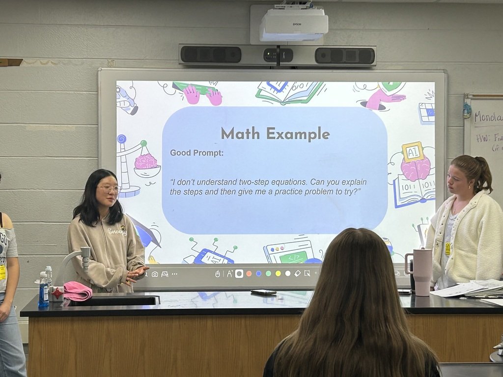 mendhamborosd's tweet photo. Mendham High School's AI Ambassadors presented to Mountain View's 8th graders about AI Literacy.   Students participated in 3 mini-lessons focused on effective AI use, ethical AI use, and prompt engineering.  #mendhamborosd #lionspride https://t.co/sXjE6P2jYJ