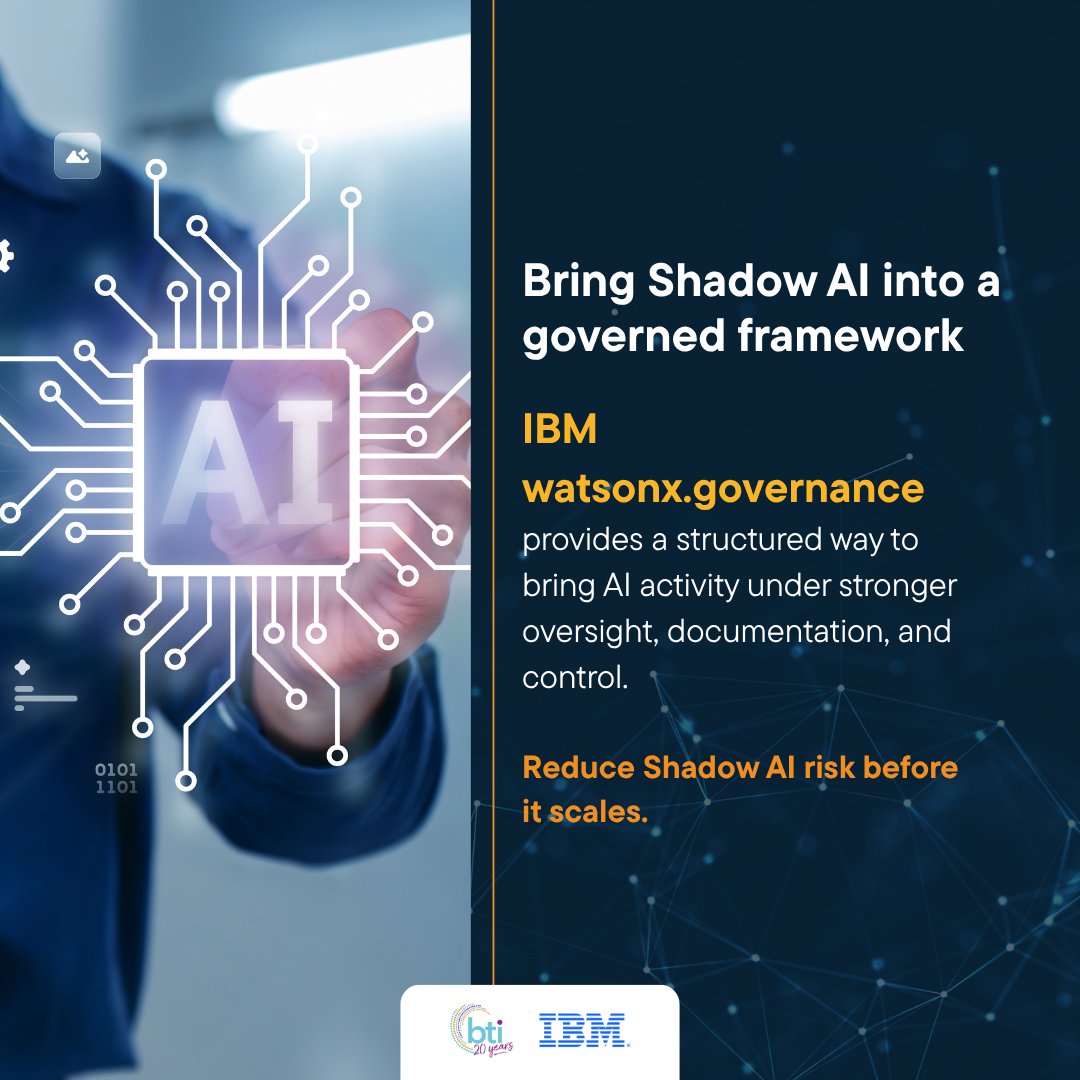 BTIPR's tweet photo. AI risk often starts quietly: teams adopting tools without clear governance. IBM watsonx.governance helps organizations gain visibility, oversight, documentation, and control to reduce Shadow AI risk before it scales. #CyberSecurity #AIGovernance #IBM https://t.co/XLf58bpdim