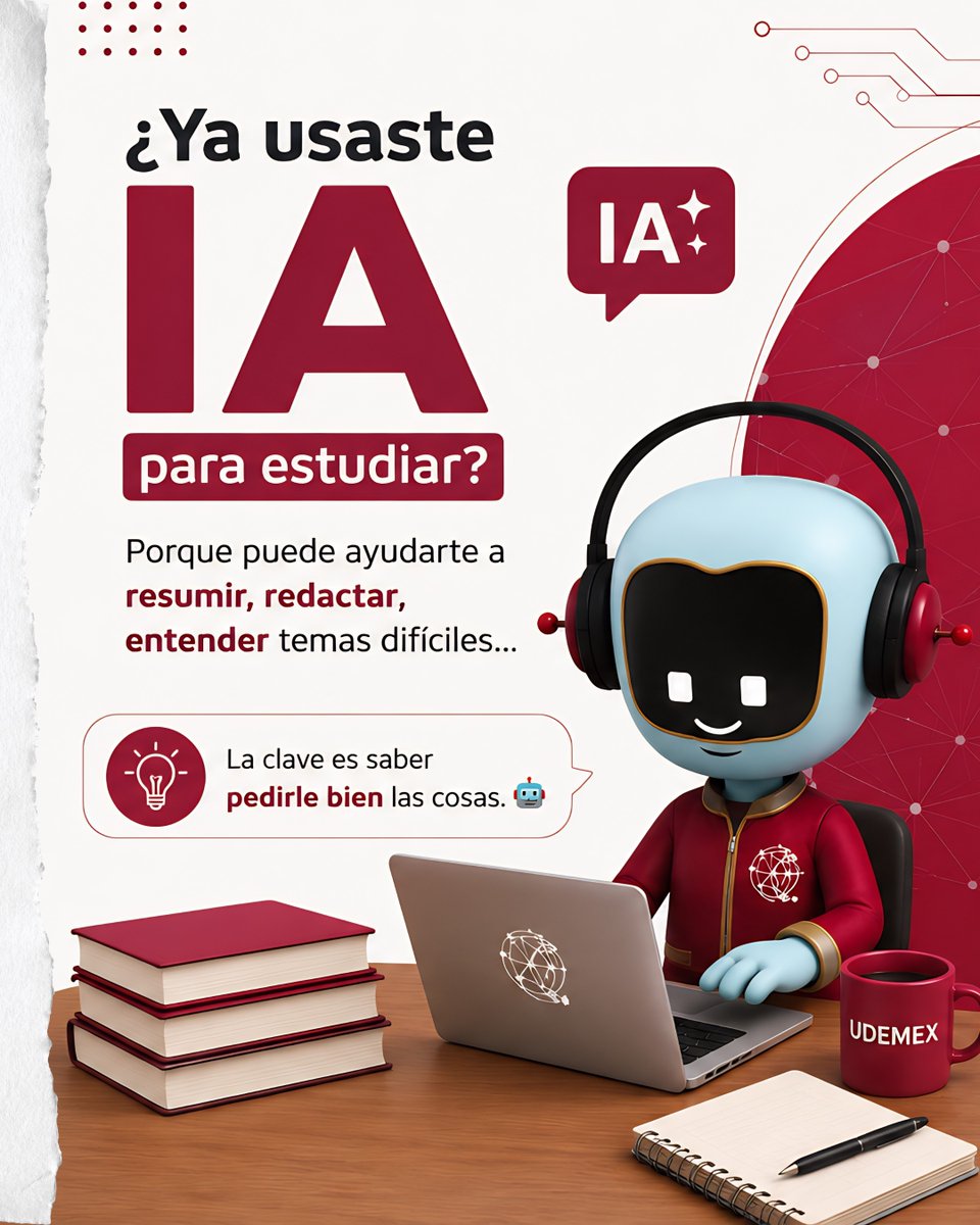 UDEMEX's tweet photo. Utiliza la inteligencia artificial de manera adecuada, no olvides que debes revisar los resultados que la herramienta te brinda para que puedas entenderlo, no sustituyas tu esfuerzo con la IA, #ÚsalaDeManeraCorrecta https://t.co/PBhPQSEWlU