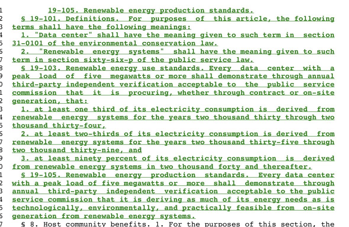 fredstaffordcs's tweet photo. While two New York DSA legislators want to introduce a moratorium on new nuclear (below), several more DSA and progressives - Gonzales, Forrest, Mitaynes, Shrestha, Gallagher, as well as @AlexBores - wants to introduce a moratorium on data centers >= 20 MW while at the same time requiring mid-sized data centers >= 5 MW to source 90% of consumed energy from renewables by 2040, with statutory need to get as much as possible on site. This would of course not include nuclear, even though the CLCPA counts it for 2040 goal.

New York socialists and progressives are so wedded to the renewables industry and its partner nonprofits that they're pushing completely nonsensical energy policies. Are Zohran and AOC still the only New York elected socialists to utter a peep favorable, rather than hostile, to nuclear?

There's other fine stuff in the legislation around isolating data centers into a new utility tariff. But it's poisoned with this renewables maximalism (and, depending on who you ask, the large data center moratorium).