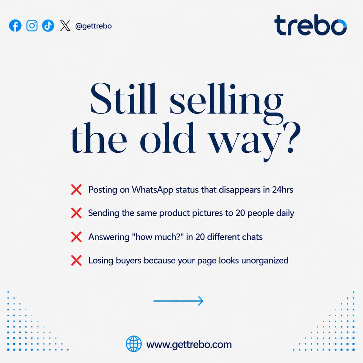 gettrebo's tweet photo. Stop chasing customers🫴

Build a business they can easily find, trust, and buy from 💙

#GetTrebo #SmallBusiness #Entrepreneurs #BusinessGrowth #Startup https://t.co/WVKQDhOzIn