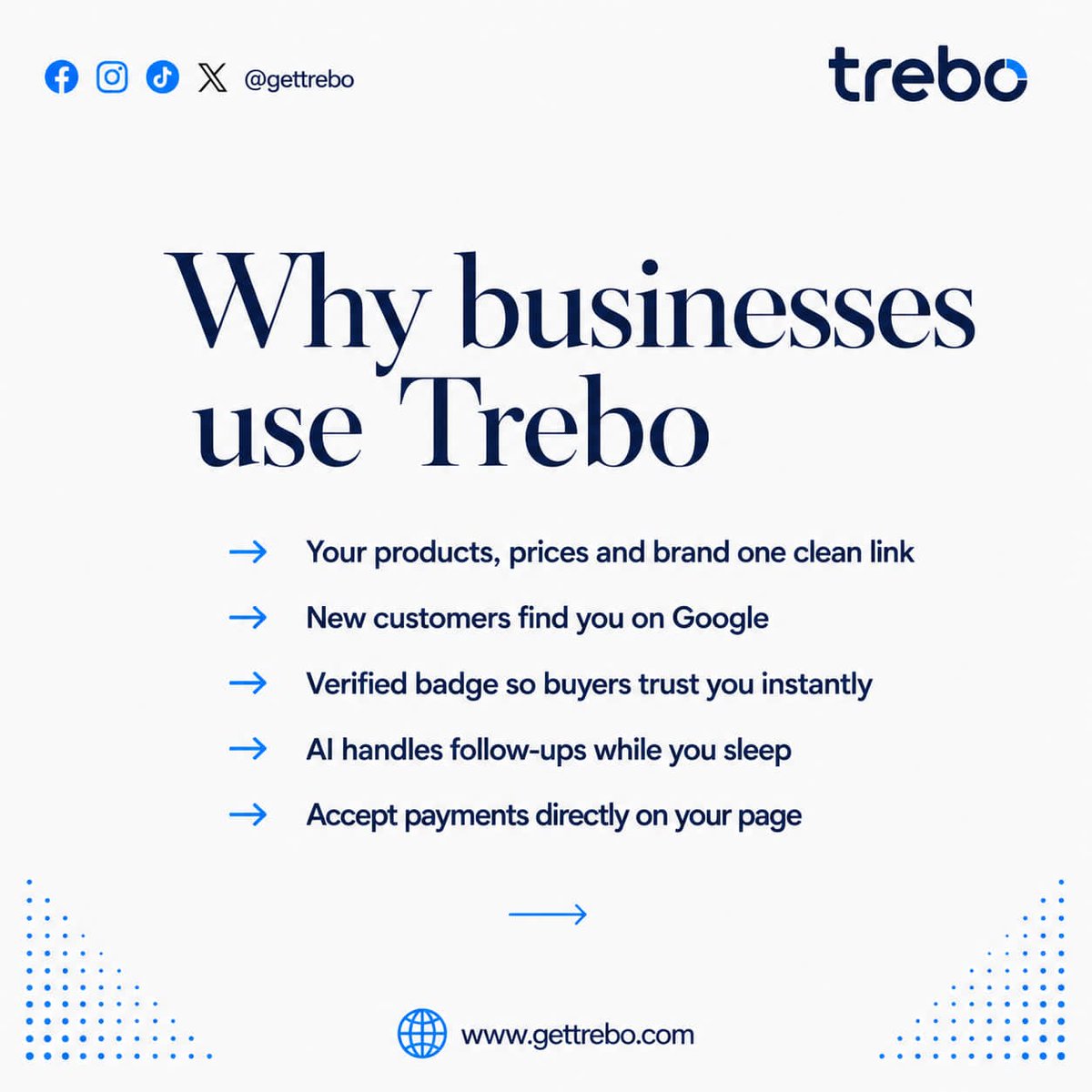 gettrebo's tweet photo. Stop chasing customers🫴

Build a business they can easily find, trust, and buy from 💙

#GetTrebo #SmallBusiness #Entrepreneurs #BusinessGrowth #Startup https://t.co/WVKQDhOzIn