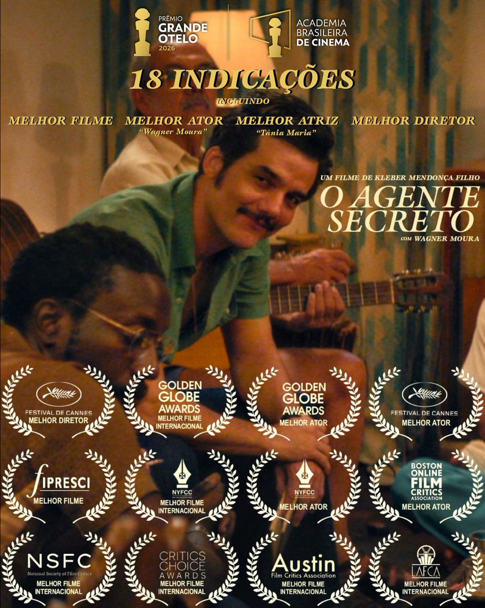 screenscaps's tweet photo. "O Agente Secreto" (Kleber Mendonça Filho) recebeu 18 indicações ao Prêmio Grande Otelo 2026, liderando a premiação: 

• Melhor Filme 
• Melhor Ator (Wagner Moura) 
• Melhor Atriz (Tânia Maria) 
• Melhor Atriz Coadjuvante (Alice Carvalho e Hermila Guedes) 
• Melhor Ator Coadjuvante (Carlos Francisco, Gabriel Leone e Robério Diogenes) 
• Melhor Direção 
• Melhor Direção de Arte 
• Melhor Roteiro 
• Melhor Fotografia 
• Melhor Figurino 
• Melhor Montagem 
• Melhor Som 
• Melhor Maquiagem 
• Melhores Efeitos Visuais 
• Melhor Trilha Sonora