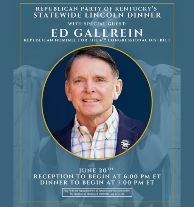 EdGallrein's tweet photo. I am excited to join fellow Kentucky Republicans at the statewide KY GOP Dinner on June 20th! In Congress, I'll be a Champion for Kentucky Congressional District 4 to unleash our diverse economic eco-system. I will work with the President and the Republican Party to cut taxes, reduce regulations, stop the fraud that is robbing our families of their hard earned income, and fight to bring good-paying jobs back home from overseas to our Nation and Kentucky.