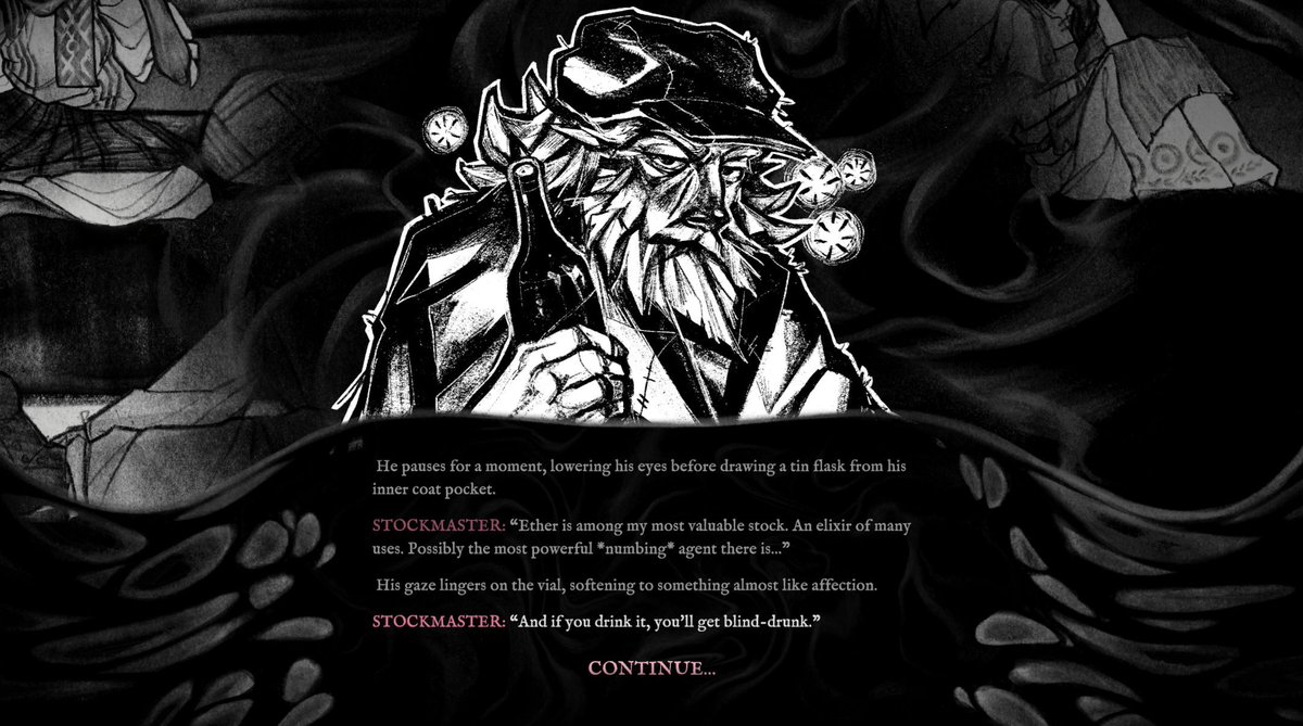 yonningap's tweet photo. The Stockmaster’s hungover again. You smell the rye on his breath as he speaks to you. 

#playgiveuptheghost #conceptart #gamedev #indiegame https://t.co/gFYLiMDOU9