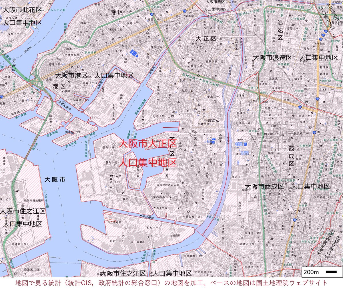 tocchian2's tweet photo. 【日本の街No.1004】大阪市大正区（おおさかしたいしょうく）　人口集中地区（大阪府）
木津川、尻無川、運河などに囲まれた島のような地形が特徴的な水の街、運河の街です。大正期以降、沖縄から多くの人々が移住、沖縄料理店や食材店の多い沖縄文化が根付く個性的な街で、リトル沖縄とも呼ばれます。 https://t.co/thwPeWAsOn