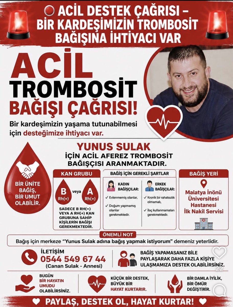 seyhanavsar's tweet photo. Malatya’da ve çevre illerde yaşayan tüm takipçilerimden çok önemli bir ricam var.
Yunus Sulak, ilkokuldan arkadaşım. Henüz gencecik bir insan ve şu an zorlu bir hastalıkla mücadele ediyor. Acil olarak kan bağışına ihtiyaç duyuyor.

Belki bu paylaşımı gören kişi, Yunus’un hayatına dokunacak kişi olacak. Bu nedenle lütfen gönderiyi paylaşın, çevrenize ulaştırın, elden ele yayılmasına yardımcı olun.
Unutmayalım; bazen bir ünite kan, bir insanın hayata tutunmasını sağlar.

Bir damla iyilik, bir hayat kurtarır.
Lütfen destek olalım.