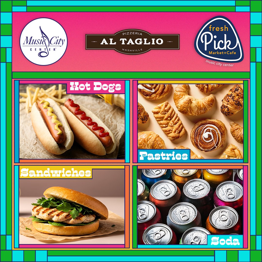 musiccitycenter's tweet photo. Scoot your boots over to @pick_cafe and Al Taglio. Grab meals, snacks, &amp; drinks and then boogie over to your next #CMAFest event. 🌭 🎵 🍔🎶🥤 #DowntownNashville #LetsEat https://t.co/uv5iq8o29U