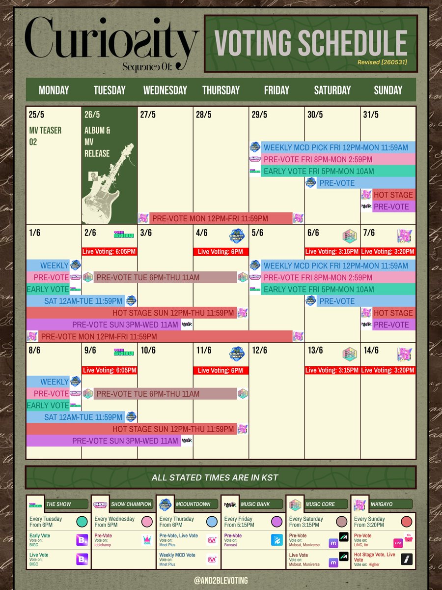and2blevoting's tweet photo. 📅 AND2BLE VOTING SCHEDULE — JUNE 3

🚨 TODAY'S PRIORITIES 🚨

✦ MUSIC BANK PRE-VOTE (FANCAST) - till 11AM KST
✦ INKIGAYO HOT STAGE (HIGHER) - till June 4, 11:59PM KST

Other ongoing votes: 
✦ Music Core Pre-Vote (Mubeat & Muniverse) - till June 4, 11AM KST
✦ Inkigayo Pre-Vote (LiNC & tin) - till June 5, 11:59PM KST

Today the pre-vote for one of our priority shows, Music Bank, will be ending soon, and coordinated vote reminders have been scheduled throughout the day. Please put your full focus and energy on Music Bank and Inkigayo's Hot Stage!

📌 Refer to the schedule graphic below for all active votes and deadlines

Let's continue working hard for AND2BLE 🍀

#AND2BLE #앤더블