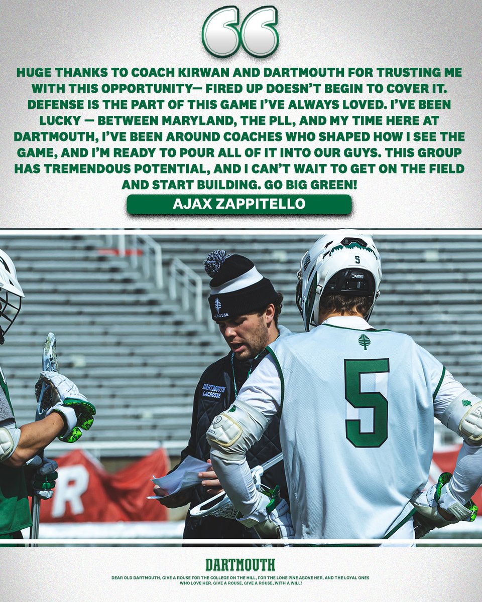 DartmouthMLax's tweet photo. After two seasons on the sideline as an assistant coach with the Big Green Ajax Zappitello has been named defensive coordinator!

#GoBigGreen | #TheWoods🌲 https://t.co/z5Tq40K6zc