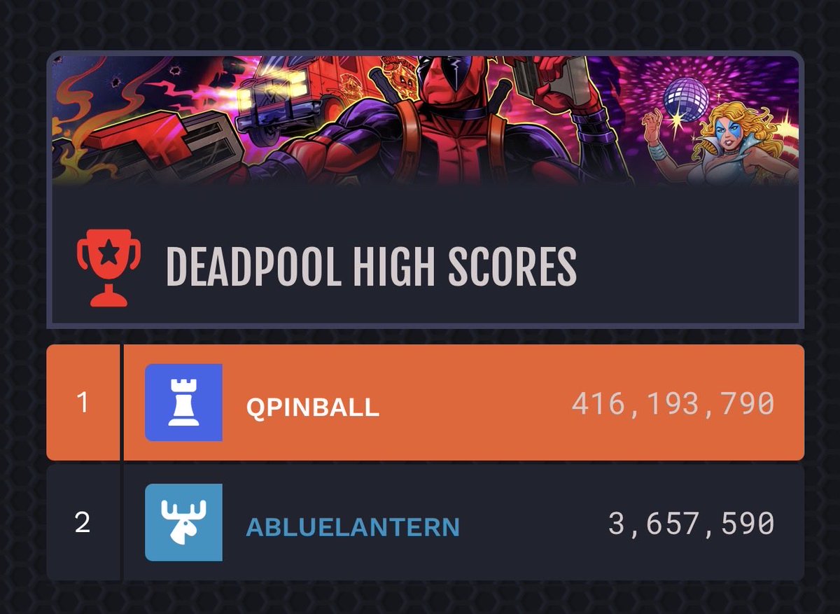 QuantumPinball's tweet photo. Upped my game on Deadpool pinball today.  There was a glitch with the leaderboard yesterday not logging scores.  Stoked to see that 1up Arcade Westminster got Venom Pro, but premium would have been cool.  Alas, see today’s bathroom art, and be relieved that I know that I am not the father! 🤣 😮