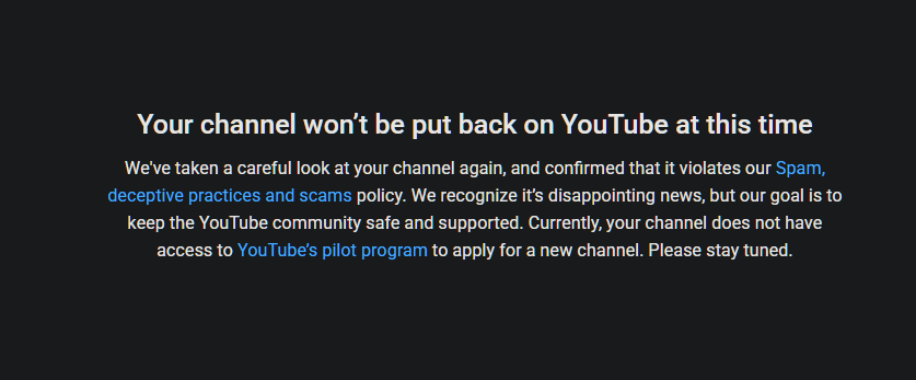 mangohatesrblx's tweet photo. @TeamYouTube
My YouTube channel got false terminated because of "deceptive spam" When I had 4 Roblox shorts uploaded. I submitted an appeal that was reviewed by an AI 2 hours later. I am requesting a human review. Please DM me YouTube...

https://t.co/MKMdxbIXdK https://t.co/0Yk1ttVovR