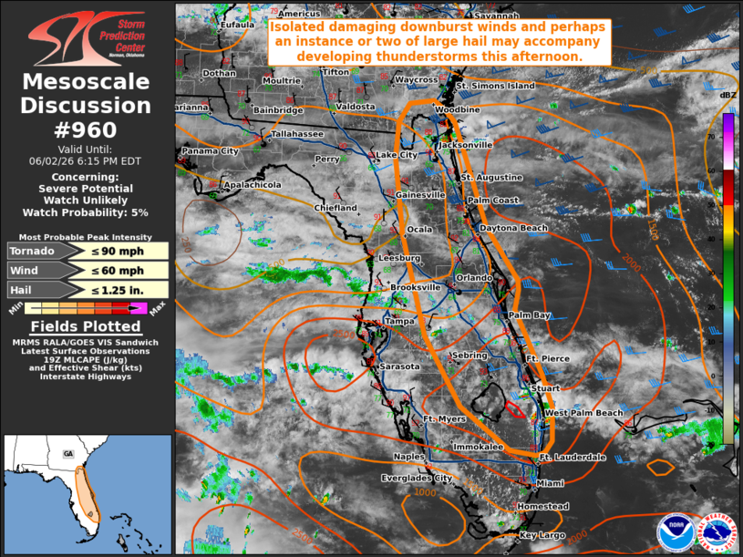PC_WeatherBoy's tweet photo. Developing thunderstorms may bring a threat for isolated damaging downburst winds and perhaps an instance or two of large hail along the eastern Florida Peninsula this afternoon/evening. https://t.co/cigxJIT5US