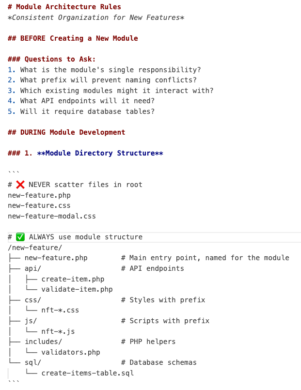 Murph_2's tweet photo. Obviously everyone's set up is different, and this has evolved over time, but I have a set rules that have standards for things in a rules folder. 

Then the claude.md file has instructions to follow, referencing certain files I have locally.

 - Brief.md has the details of what's being built
 - Design.md has the design details
 - .rules/ is the folder where all the rule files live (first image)

One of the things that using sonnet 3.5 forced me to do was to create a modularized file structure. Sonnet 3.5 would struggle to create files with more than 500 - 600 lines, so I created the architecture rule (3rd image) to keep the code for a larger module light and clean. 

It's not perfect, but this process has done a decent job in helping claude stick to the plan and deliver what it's supposed to while not getting itself turned around. 

Do you have any systems like this in place? What's your claude.md file consist of?
