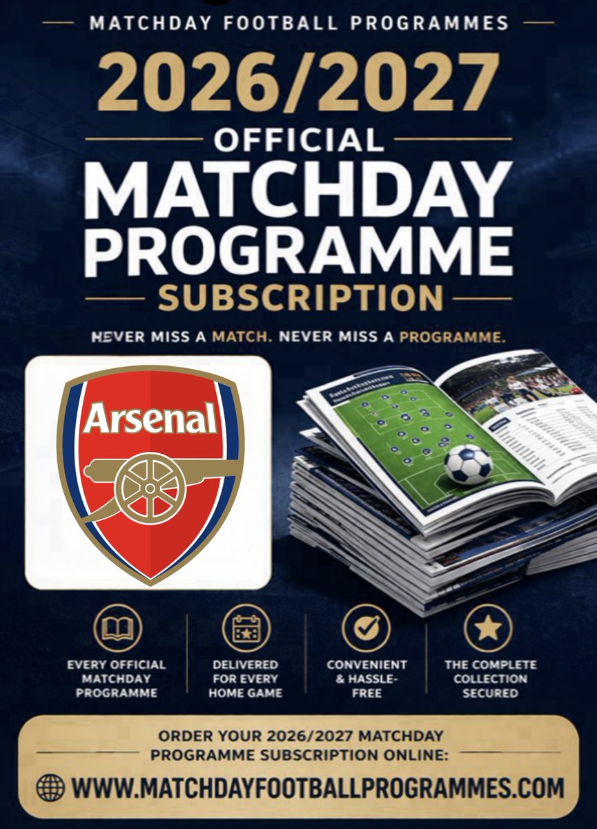 MDFootyProgs's tweet photo. #Arsenal fans can get every edition of the clubs official #matchdayprogramme delivered for the 26/27 season, Covers all League home games throughout the season &amp; all programmes are sent trackable via #RoyalMail, Get your subscription here @ https://t.co/CbELoBYJgg https://t.co/G9xCg91wTM