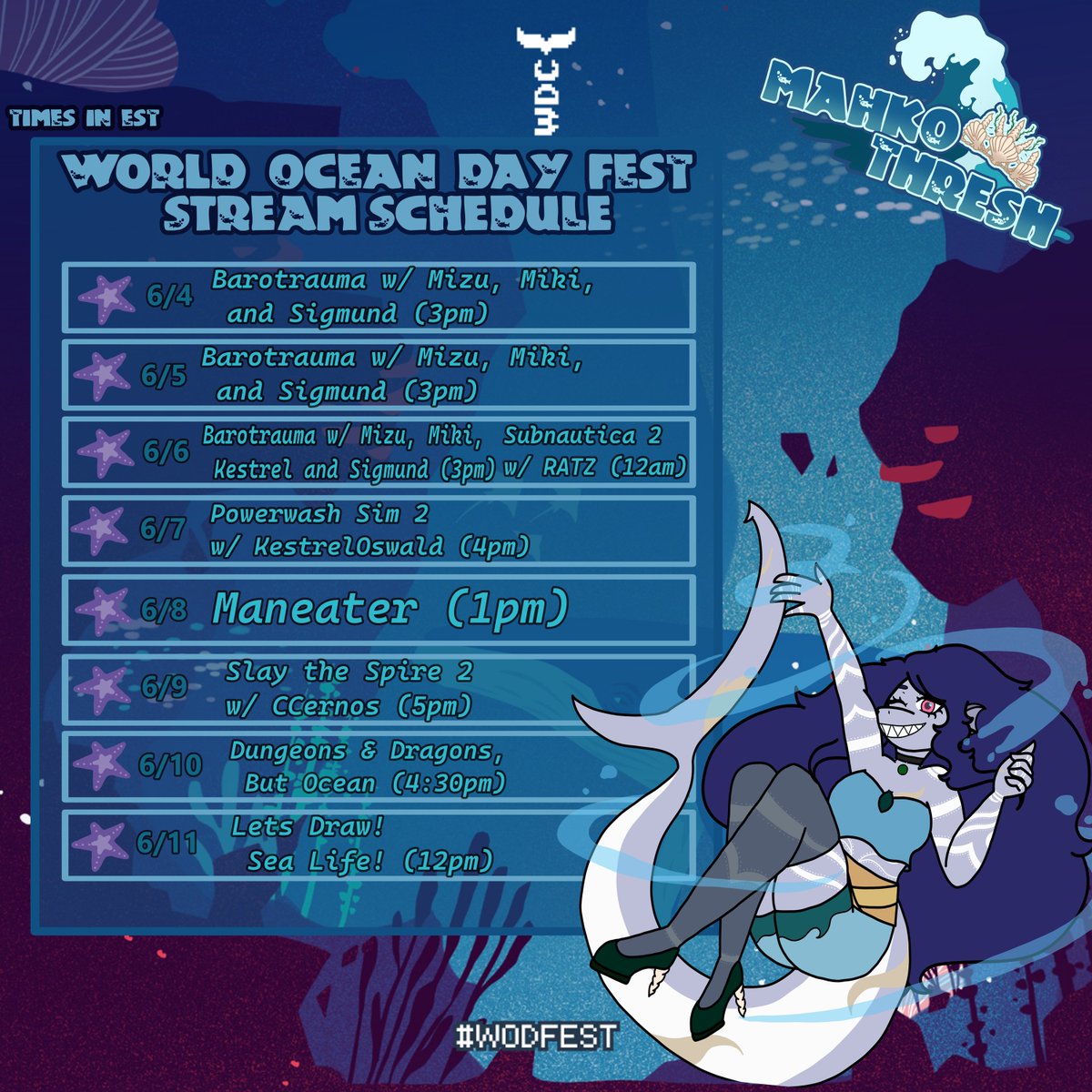 MahkoThreshVT's tweet photo. It is almost time! Here is the schedule for our World Ocean Day Streams! Lets raise funds to help protect Whales and dolphins and the ocean they call home! #WOD26 https://t.co/rFQ9VALui3