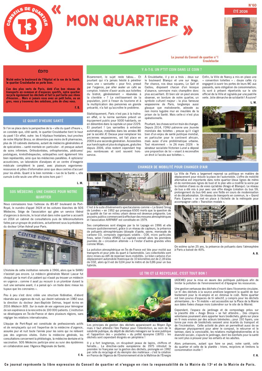 cq1_croulebarbe's tweet photo. Le numéro 60 du journal du @cq1_croulebarbe est à l'impression. Au programme: la fête du quartier du 6 juin, les nouvelles mobilités, le sport, la nouvelle fresque. Bonne lecture https://t.co/E02KBvxp9i