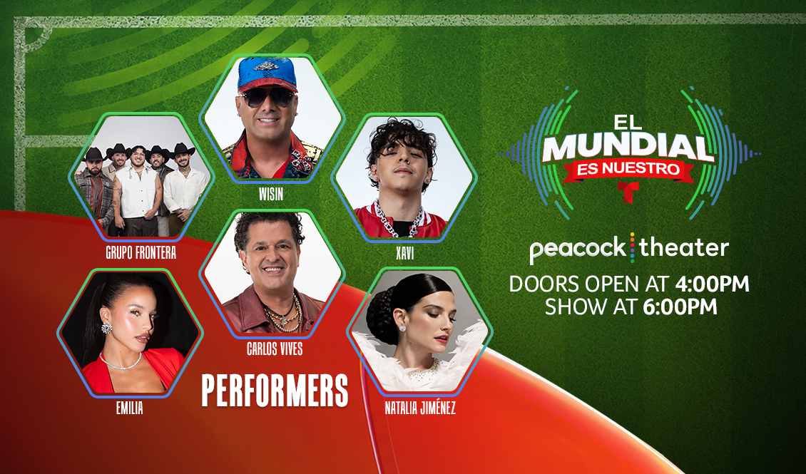 peacock_theater's tweet photo. Tune in to Telemundo’s “El Mundial es Nuestro”, airing live this Sunday 6/7 from Peacock Theater! Watch this 2 hour musical spectacular at 6 PM PST, hosted by Jacky Bracamontes & Mauricio Ochmann, and featuring performances from Carlos Vives, David Bisbal, David Garibaldi, Elena Rose, Emilia, Grupo Frontera, Low Clika con Yahritza y Su Esencia, Luis Fonsi, Natalia Jiménez, Wisin & Xavi!! PLUS, there is an exclusive opportunity attend the show in person! Head to https://t.co/XUGF852aAP to register for a chance to get your invites!!