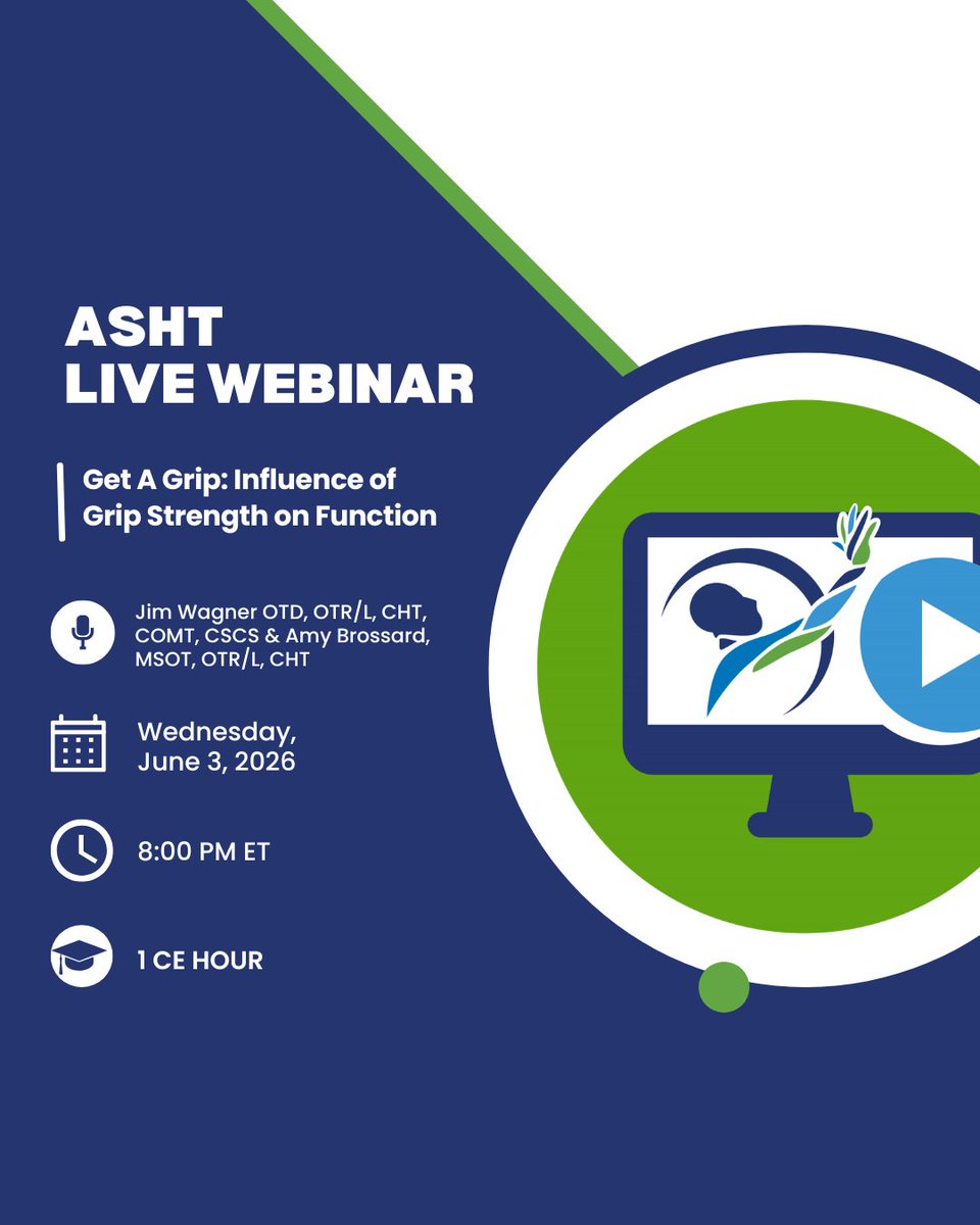 HandTherapyASHT's tweet photo. There's still time to save your seat for tomorrow's “Get A Grip: Influence of Grip Strength on Function" webinar! 

Register now: https://t.co/FFKcrCw0C3

Can't watch live? Registrants will have access to the recording to watch on their own time. https://t.co/R9ylNCQbbi