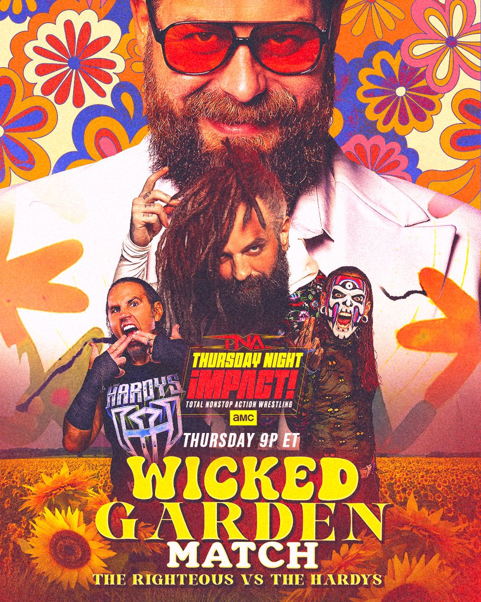 AMC_TV's tweet photo. The garden is open...enter at your own risk. ⚠️ 

The Hardys and The Righteous face off on this Thursday's #TNAiMPACT on AMC. Stream live on AMC+. https://t.co/duCvRbC4hE