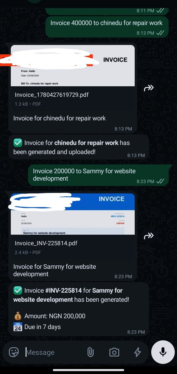 0x_codrex's tweet photo. Progress Update
The Invoice feature is now working!
You simply type:Invoice 200000 to Sammy for (service)
And it instantly generates a proper PDF invoice.
This one was stressful to implement but very important
Still building in public.#BuildInPublic #NaijaDev #WhatsAppBot https://t.co/s7yeT6iQVC