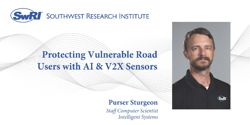SwRI's tweet photo. SwRI’s Purser Sturgeon will present “Protecting Vulnerable Road Users with AI &amp; V2X Sensors” at ITS America Conference &amp; Expo in Detroit, Mich.
📆 June 10
📍 310 B
🕙 10:30-11:30 a.m. CDT
To see the full list of SwRI’s speakers go to: https://t.co/dpqBvjlroZ https://t.co/9kgKZR0Dzz