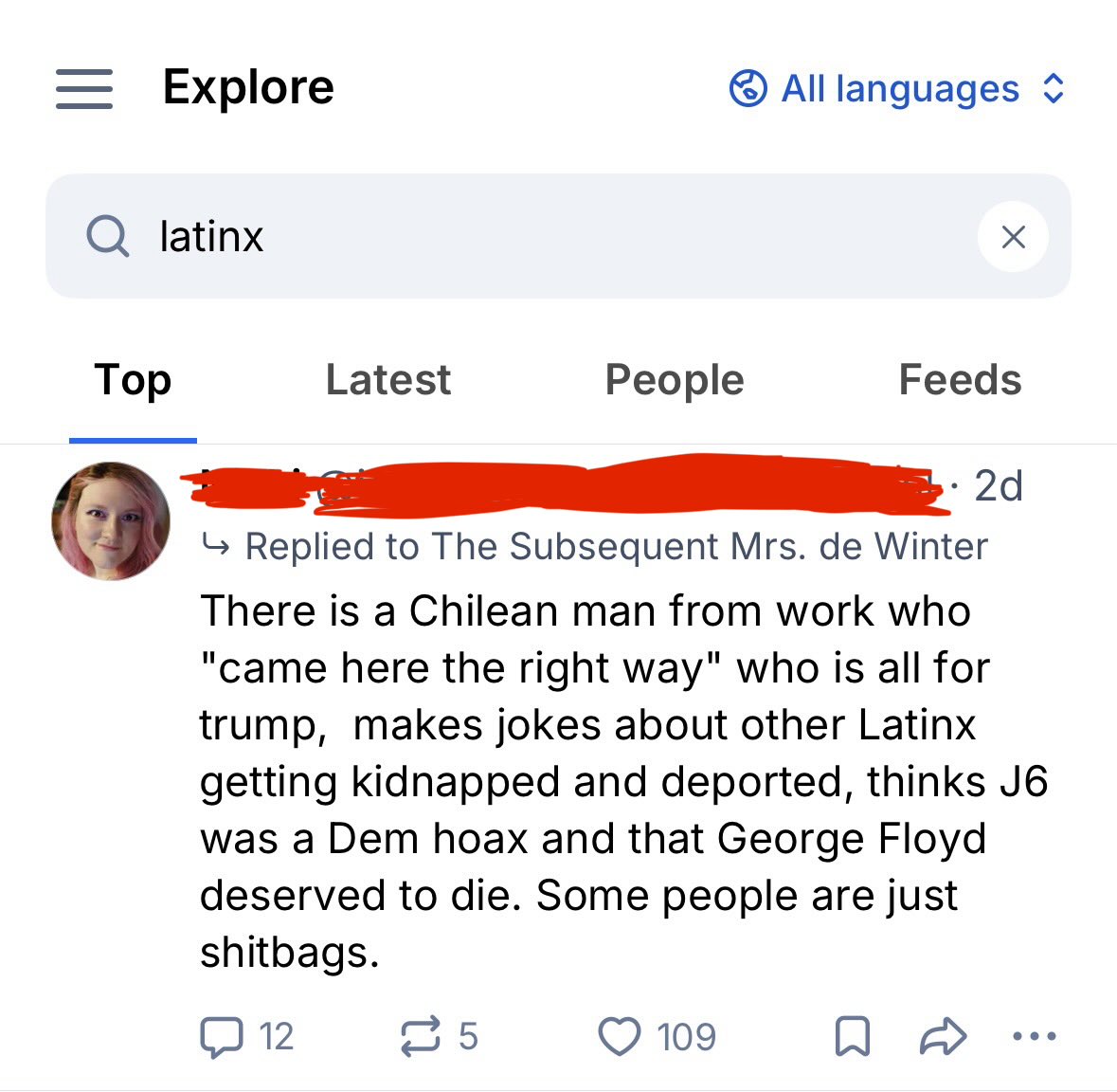 ChickenLover_YT's tweet photo. On Bsky I found out the people who still use the word Latinx unironically are white woman with dyed hair or some disturbed lgbt individuals. Funny how their shtick is to be inclusive but it disrespects Spanish language and the native speakers can’t even pronounce it. Am I wrong? https://t.co/9OysInYerq