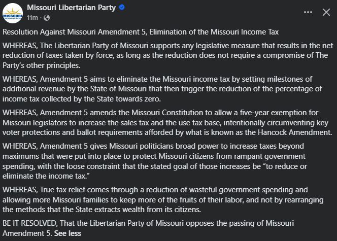 MoDemParty's tweet photo. Look, you know your so-called "eliminating the income tax" plan is bad when even the Libertarians come out against it.

Amendment 5 is a blatant attempt by the Republicans in Jeff City to give tax cuts to the ultra rich and shift the tax burden onto you. Vote NO on 5! https://t.co/hoLBZRN0Oz