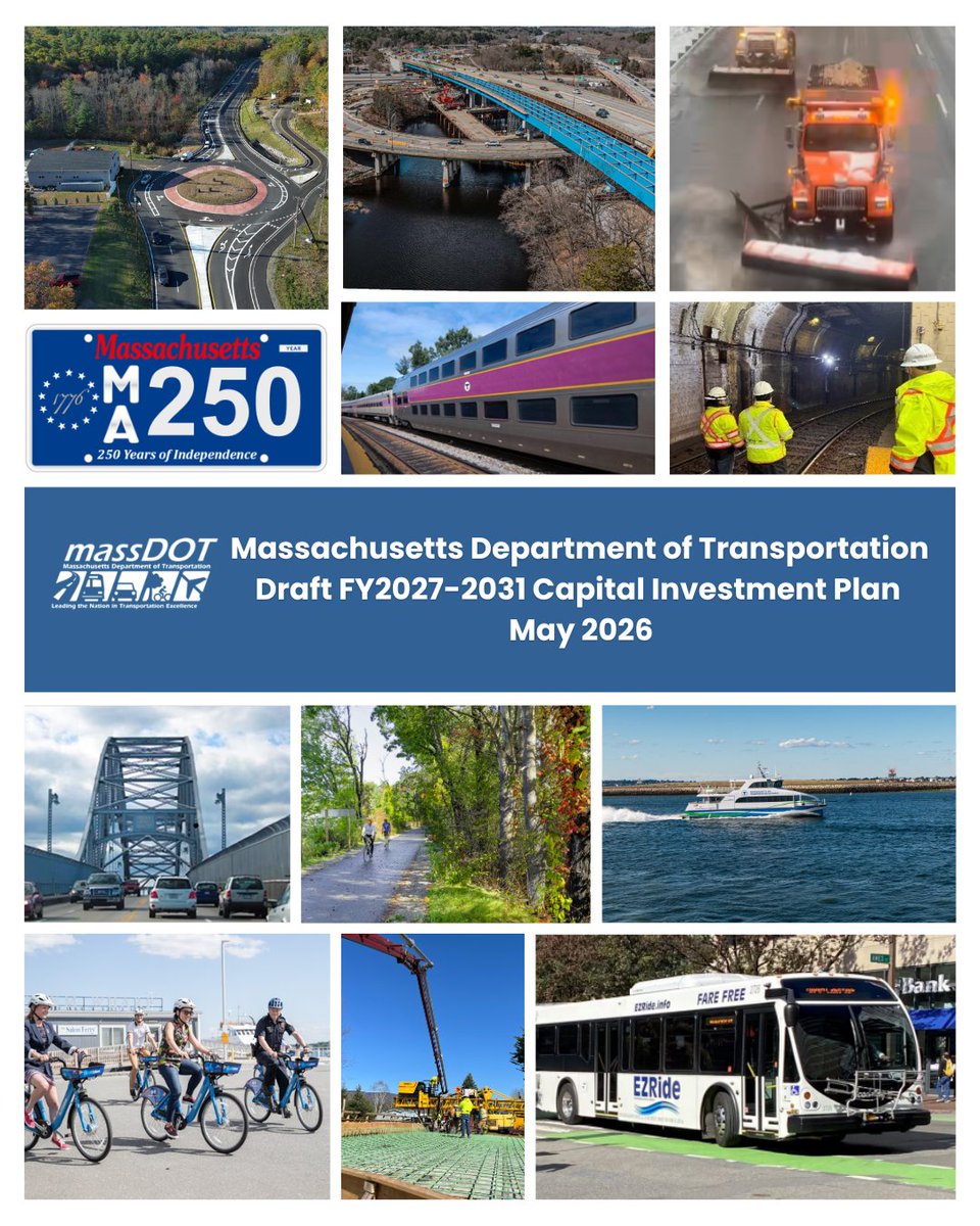 MassDOT's tweet photo. Today 6/2, at 6:00 pm, #MassDOT will hold a virtual public meeting to present the FY27-31 Capital Investment Plan with a focus on the Boston region.

To register for the meeting or provide public comment visit https://t.co/bYOc39Ju02 https://t.co/L6pv4ed9nX
