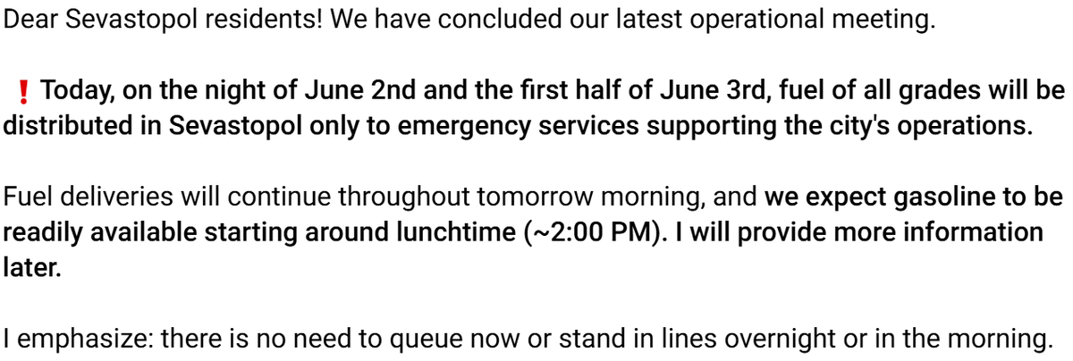NotWoofers's tweet photo. Due to severe shortages, Russian authorities have suspended the sale of all grades of fuel in Sevastopol until 14:00 tomorrow. Supply is reserved for emergency vehicles.

This message is from the Russian governor of Crimea's channel. https://t.co/nJbswQ2Bnu