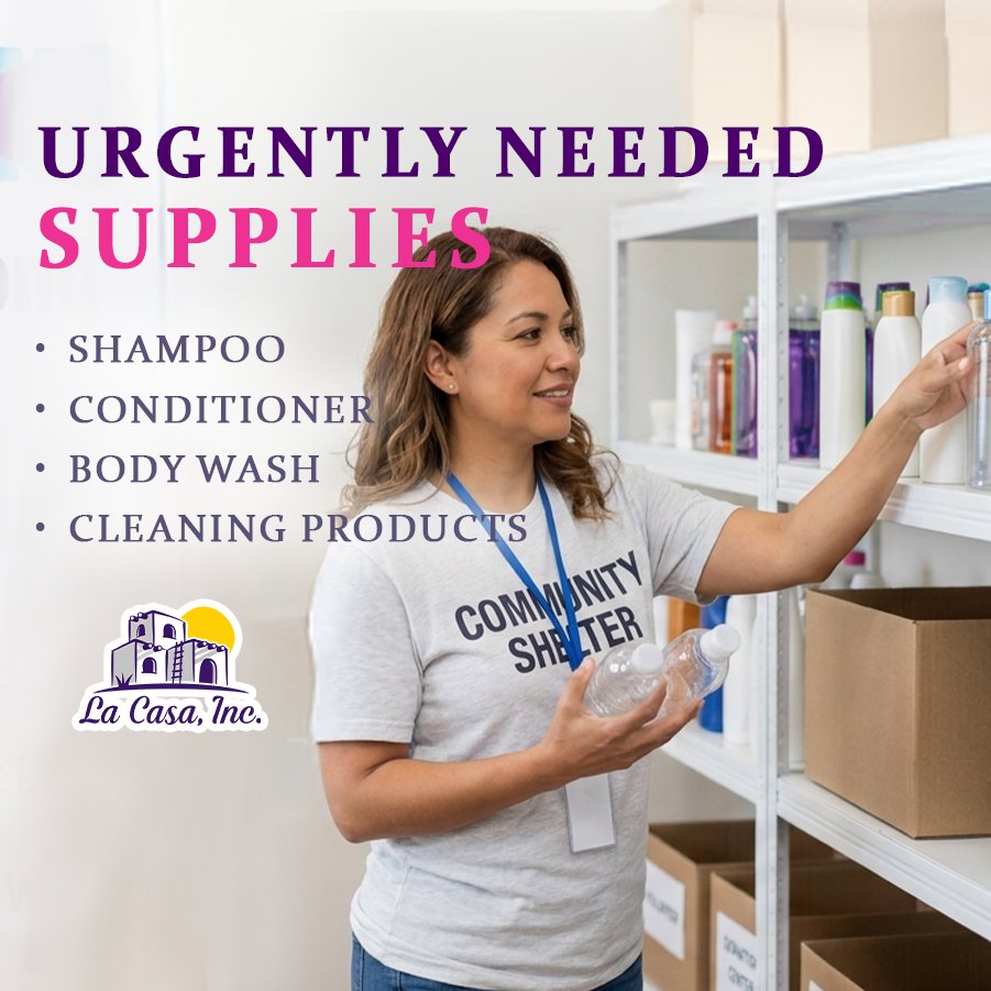 LCLaCasa's tweet photo. Our shelter shelves are low! 🧴🧼 Help survivors by donating shampoo, conditioner, body wash &amp; cleaning supplies. Drop off at Las Cruces, Anthony, or Deming centers. #LaCasaInc #EmergencyShelter #CommunitySupport #SuppliesNeeded #DomesticViolenceSupport #LasCrucesCommunity https://t.co/Il8mmqWfDp