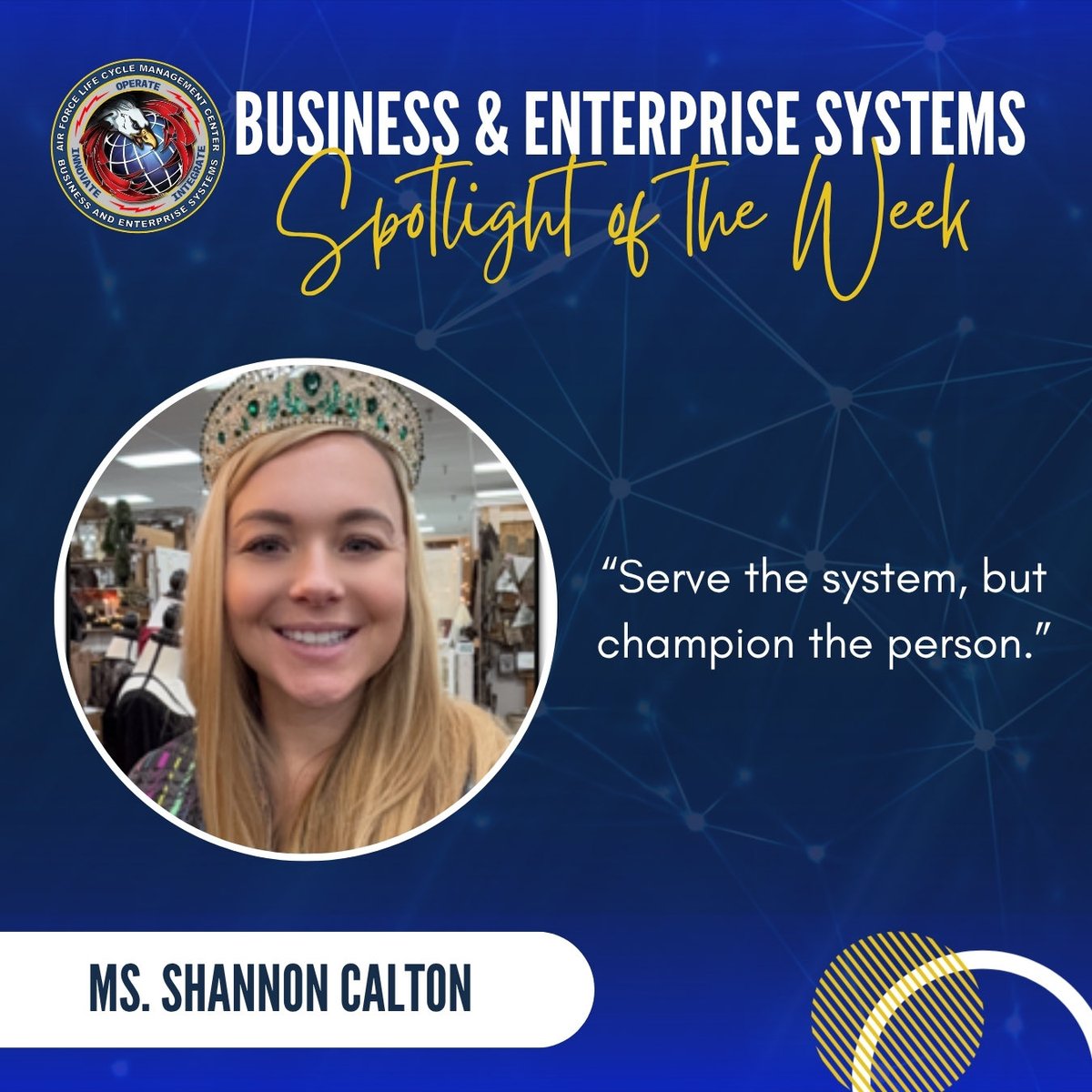 AirForceBES's tweet photo. This week, #BES is shining the light on Human Resources Chief, Ms. Shannon Calton. Ms. Calton enjoys thrillers, games, traveling, and trying artisanal food and spirits. She has personal goals of retiring early and becoming rich in experience.
Congratulations! #KeepUpTheGreatWork https://t.co/5k5dWxSmqR