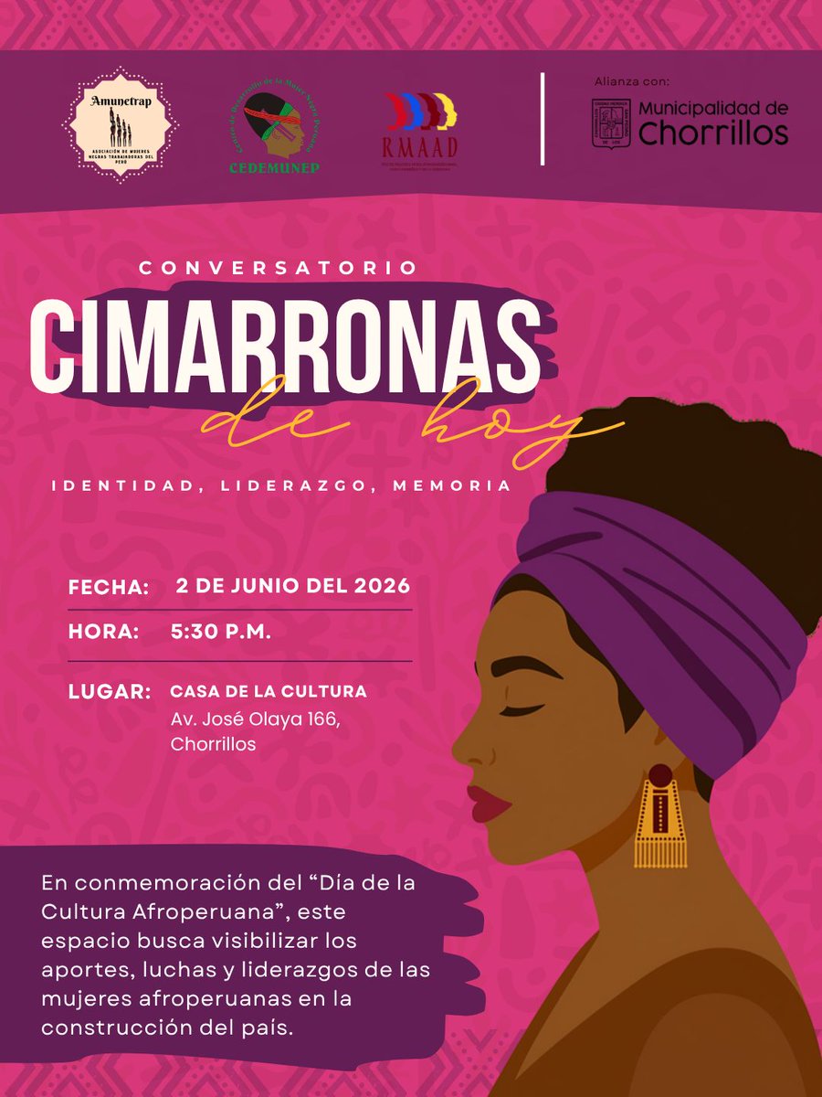 cedemunep's tweet photo. Conversatorio “Cimarronas de Hoy”.
El evento se llevará a cabo en: 
La Casa de la Cultura de Chorrillos.
Ubicada en Av. José Olaya 166, Chorrillos, a las 5:30 p.m.
Agradecemos su comprensión y ofrecemos las disculpas del caso.
Les esperamos.
@CumbreAfro https://t.co/5E0WhwtcHl
