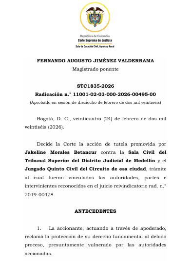 articulo20's tweet photo. SENTENCIA RECOMENDADA 🗣 

#Civil

Para que la reivindicación de un bien tenga éxito, no basta con que se reconozca como poseedor a quien está en el predio: @CorteSupremaJ 

SENT: STC1835-2026 | RAD: 11001-02-03-000-2026-00495-00 https://t.co/Eq5QcaUIqK