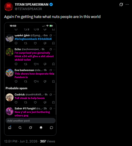 BlockbusterGar's tweet photo. @TITANSPEAK3R So... none of these comments are actual hate comments, nor any type of hate actually. So how abt not claiming that your getting hate comments, and showing a screenshot full of... zero, zero hate comments. https://t.co/yESL1ijo67