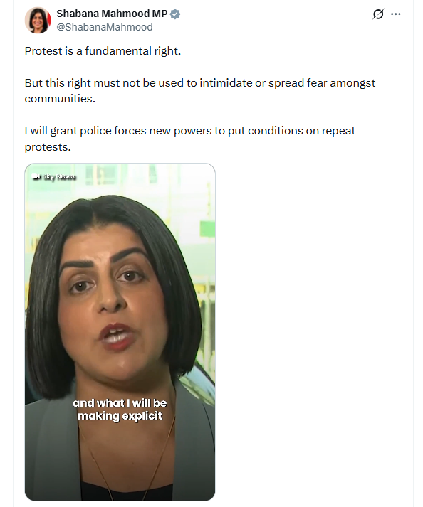 BlakeSNeff's tweet photo. When George Floyd died in 2020, Shabana Mahmood called for the UK to cut off all exports of security equipment to the U.S., to prevent police from using it to stop Floyd rioters torching cities.

Today, as UK Home Secretary, she is threatening a maximally harsh crackdown on those protesting Henry Nowak's death in Southampton. 

But her probem isn't violence: She's the force behind news laws in the U.K. restricting "repeat protests," even if they're non-violent.

The left doesn't prefer peaceful protest to violent protest. They just think their protesters can be as violent as they want, and their opponents shouldn't get to protest at all.