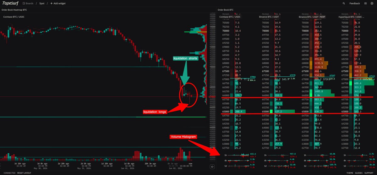 TeddyVision's tweet photo. $BTC - if you look across the OBs of:

Coinbase BTC/USDC
Binance BTC/USDT
Binance BTC/USDT PERP
Hyperliquid BTC/USDC PERP

the first visible demand zone sits around 66K, with the second one closer to 65K 

Over the last 4 hours, shorts got liquidated first, and then a couple hours later longs got flushed as well.

At the same time, the Volume Histogram still remains skewed toward sellers.

How to properly interpret all of this is a very good question 😄

But personally, I still lean toward this being absorption… just not in the classic textbook form.

It feels more like the market is slowly transferring inventory while keeping both sides emotionally trapped at the same time 🧸 DYOR