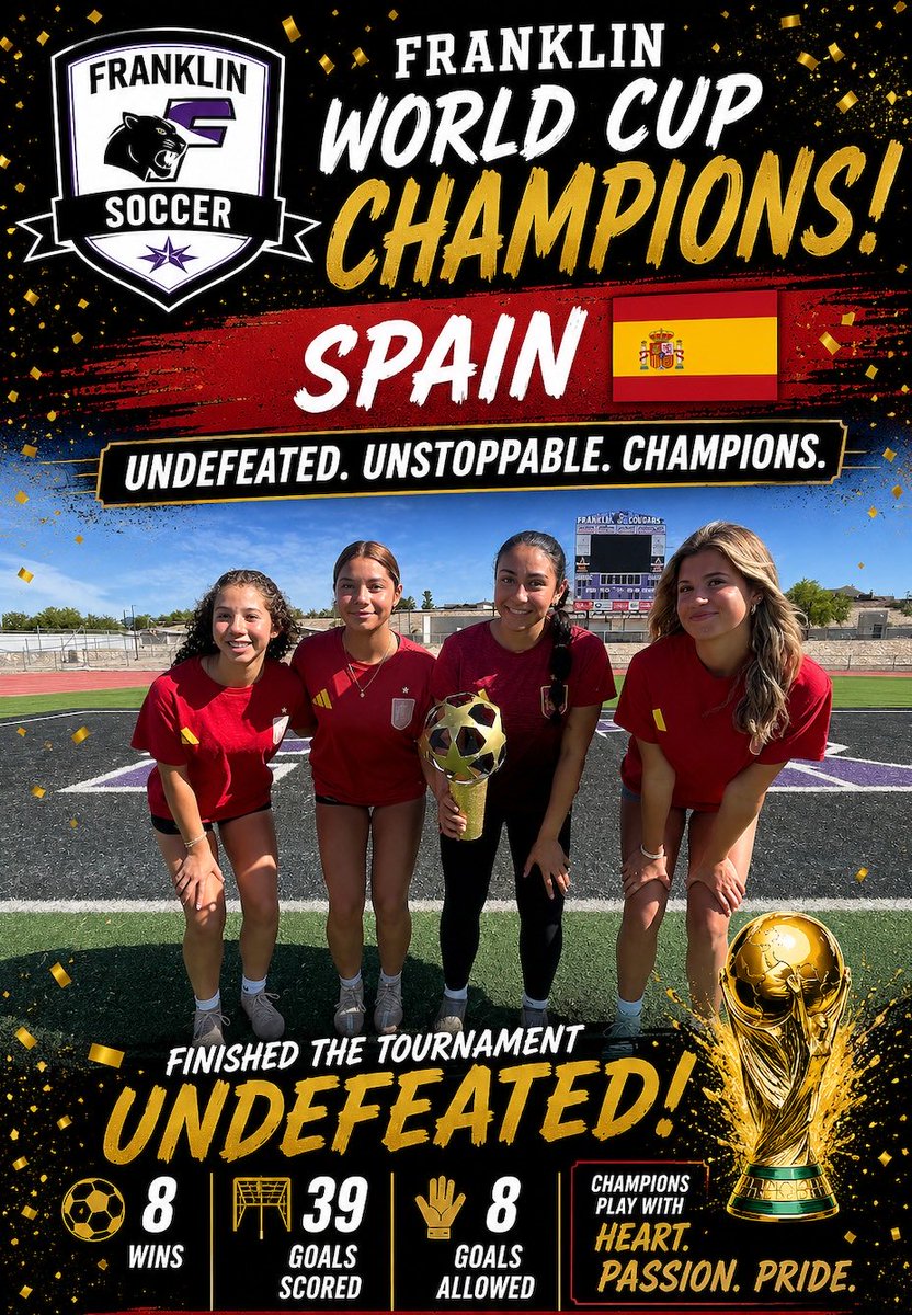 girlsoccerfhs's tweet photo. #Spain is the winner of our Franklin 2026 #worldcup
Team was locked and loaded!! #lafuria
@FIFAWorldCup @spain @TXFHSCougars @SouiciSofia https://t.co/WUuWq9UlEx