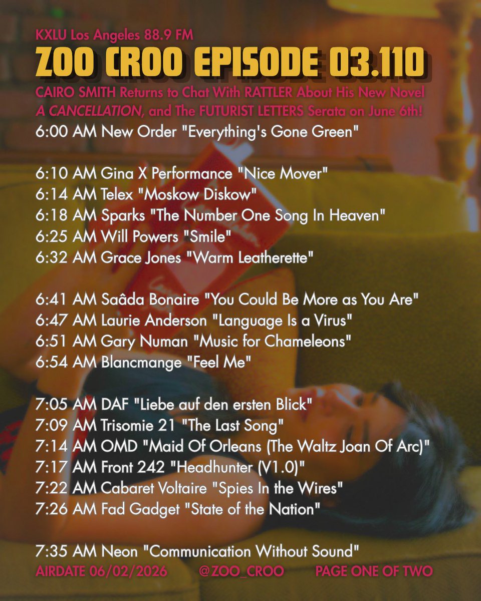 ZOO_CROO's tweet photo. Big thanks to everybody who tuned in to rock out with your buddy RATTLER this morning on @KXLU889, and extra big thanks to our guest @cairoasmith for stopping by to talk about his new book A CANCELLATION and his EXCITING PARTY THIS SATURDAY NIGHT at the Art Share Theater in DTLA! https://t.co/QDkxtkhJn8