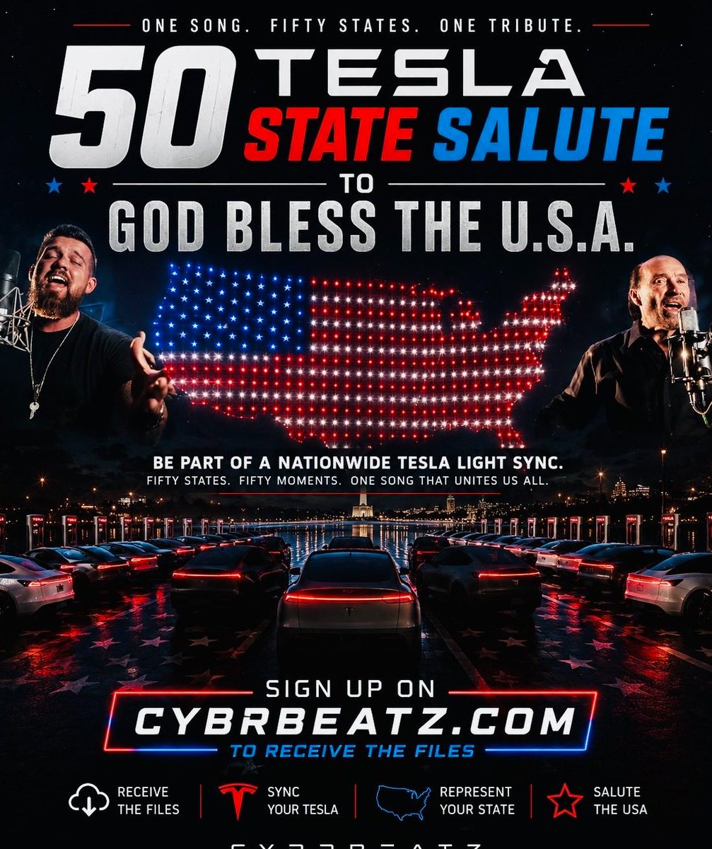 CYBRBEATZ's tweet photo. June 14th. 🇺🇸 Tesla owners from all 50 states are invited to join the nationwide premiere of the 50 State 

Tesla Salute featuring the official "God Bless The U.S.A." Rock Edition Tesla LightSync.

⚡ Receive the files by June 11
⚡ Sync anytime June 14–27
⚡ Submit your footage by 27th for the nationwide July 4th release

Participation is free.

Half of all @CYBRBEATZ orders during this campaign will be donated to support @CarsonGallo following his recent accident. Carson has been a tremendous contributor to the Tesla community and is also a proud U.S. veteran.

One song. Fifty states. One salute.

🇺🇸 Sign up here: 
https://t.co/FTZQGyYKso