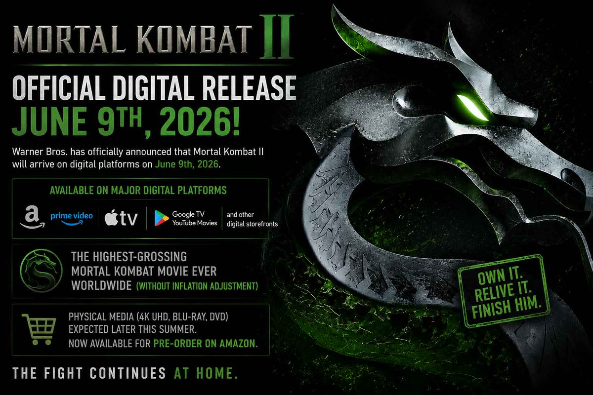 MKSecrets's tweet photo. #MortalKombat2 Arrives on Digital June 9th, 2026 

Read the article: https://t.co/TJzFic3rAk 

Please like and Re-Post :)

#MortalKombatMovie
#MortalKombatII
#MortalKombat https://t.co/mFN6UQgc3L