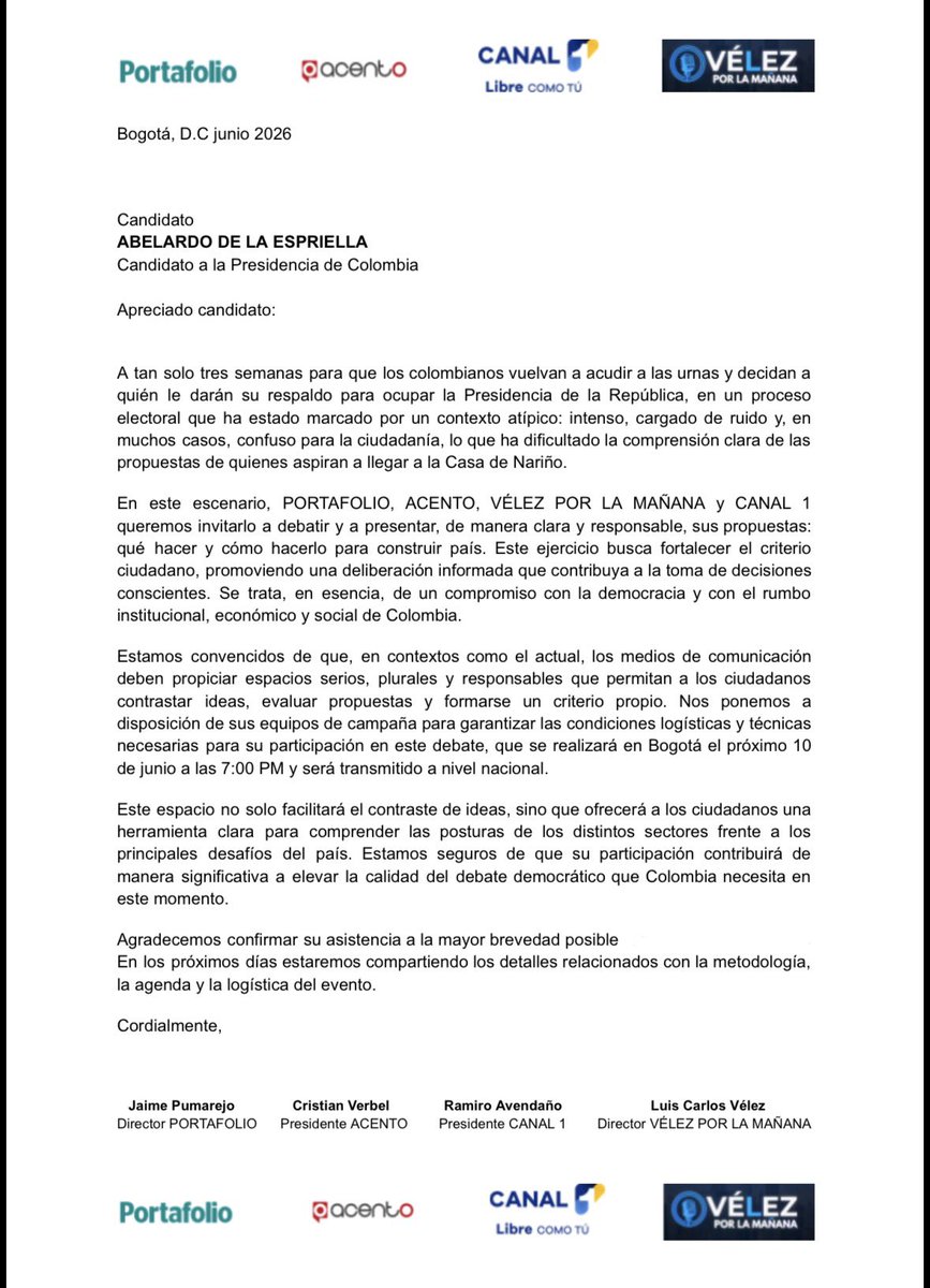 Portafolioco's tweet photo. ATENCIÓN: Por medio de esta carta los siguientes medios hemos invitado a debate a Abelardo De La Espriella (@ABDELAESPRIELLA) e Iván Cepeda (@IvanCepedaCast) para un primer debate. 

Y en un segundo evento, a sus fórmulas a VP José Manuel Restrepo (@jrestrp ) y Aida Quilcué (@aida_quilcue )

@Portafolioco
@Canal1_Col
@acentocol
#VelezPorLaManana 

Esperamos su respuesta lo más pronto posible en aras de la libertad de expresión, la democracia y una sociedad informada ⬇️  https://t.co/8l1VSUUeqk