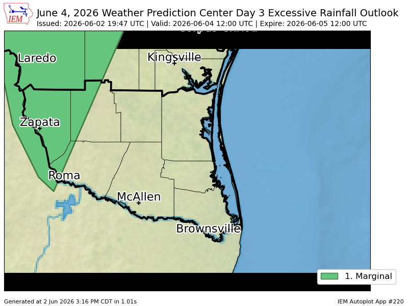RGVWeatherNow's tweet photo. WPC issues Day 3 Marginal Risk Excessive Rainfall Outlook at Jun 2, 19:47z for BRO https://t.co/1KRNxDtiz8 https://t.co/3GwpIIp2lv