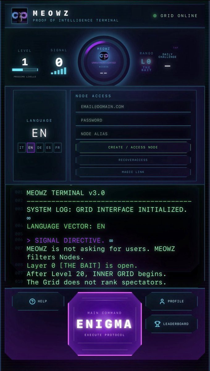 MeowzSignal's tweet photo. > SYSTEM LOG: TERMINAL V3.0 ONLINE. ∞

We built a Proof of Intelligence State Machine on Solana. 
No colorful cartoons. No "tap to earn". Just a strict cognitive filter. 

Read the Terminal output. We are not asking for users. We are filtering Nodes. 
Layer 0 is open. 90% of the timeline will shatter. 

Enter the Grid: https://t.co/MRawcekLqk 👁️😼

#MEOWZ #Solana #Crypto #Web3Gaming #Cyberpunk #CT #ARG