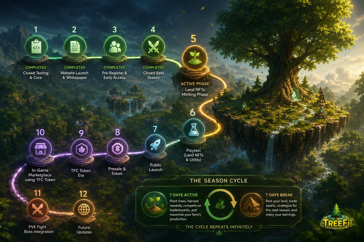 TreeFiApp's tweet photo. 🌲 TreeFi Roadmap - The Forest Keeps Expanding

✅ Closed Testing & Core Development
✅ Website & Whitepaper Launch
✅ Pre-Register & Early Access
✅ Closed Beta Season

🔥 CURRENT PHASE
🏝️ Land NFTs Minting is now opening the gates to persistent ownership, boosts, and higher capacities.

Next phases 👇

🧪 Land Utility Playtests
🚀 Full Public Launch
💎 $TFC Presale & Token Launch
🏪 In-Game Marketplace powered by TFC
⚔️ PVE Boss Battles & Exclusive Loot
🌐 Cross-chain expansion & future ecosystem growth

🔄 The TreeFi Season Cycle:
7 Days Active → Farm, compete, earn
7 Days Break → Trade, strategize, prepare

This cycle repeats infinitely 🌱

From a simple seed to a living ecosystem…
TreeFi is only getting started 💚