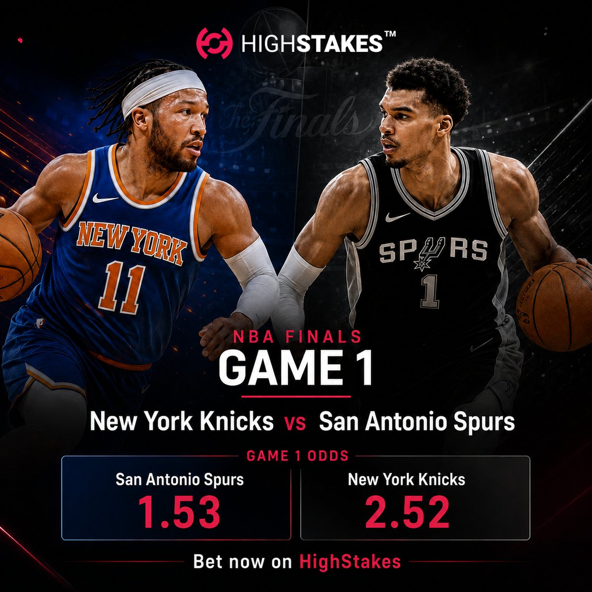 highstakes's tweet photo. 🏀 NBA Finals Game 1: New York Knicks vs San Antonio Spurs

Can Brunson knock down multiple triples and lead New York to a Game 1 upset?

📊 Odds:
Spurs 1.53 🆚 Knicks 2.52

🏀 Handicap:
Spurs -5.5 (2.00)
Knicks +5.5 (1.79)

🔥 Total:
Over 217.5 (1.82)
Under 217.5 (1.96)

Place your bets on NBA Finals and catch every market on 🧧HighStakes™

https://t.co/up8VLa5bLF

#NBAFinals #Knicks #Spurs #JalenBrunson #SportsBetting #HighStakes #Basketball