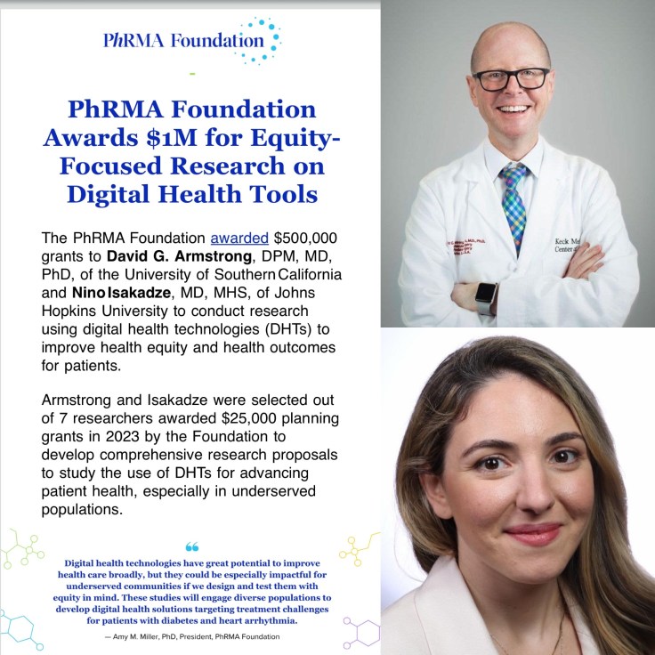 DGArmstrong's tweet photo. @PhRMA Foundation Awards $1M for Equity-Focused Research on Digital Health Tools @KeckSchool_USC Prof @DGArmstrong First Podiatrist Awarded #DigitalHealth #C2SHiP #ActAgainstAmputation @USC_Vascular @SchaefferCenter https://t.co/1fLSjt65Fu https://t.co/K5QvLcGw6V